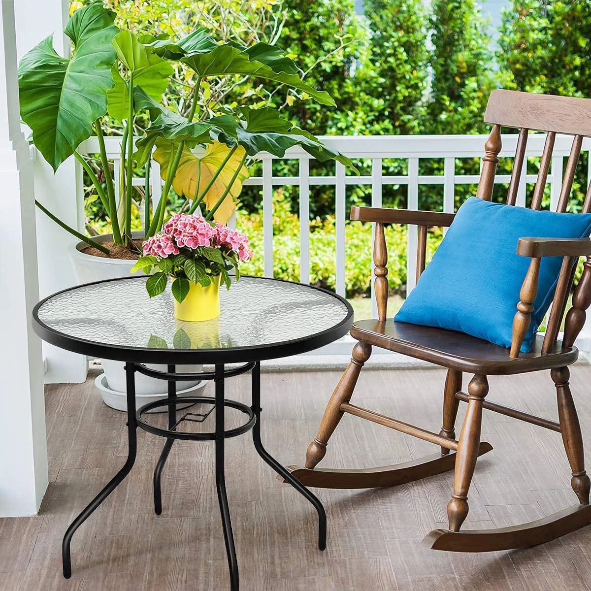 32" Round Glass Patio Table with Umbrella Hole B830