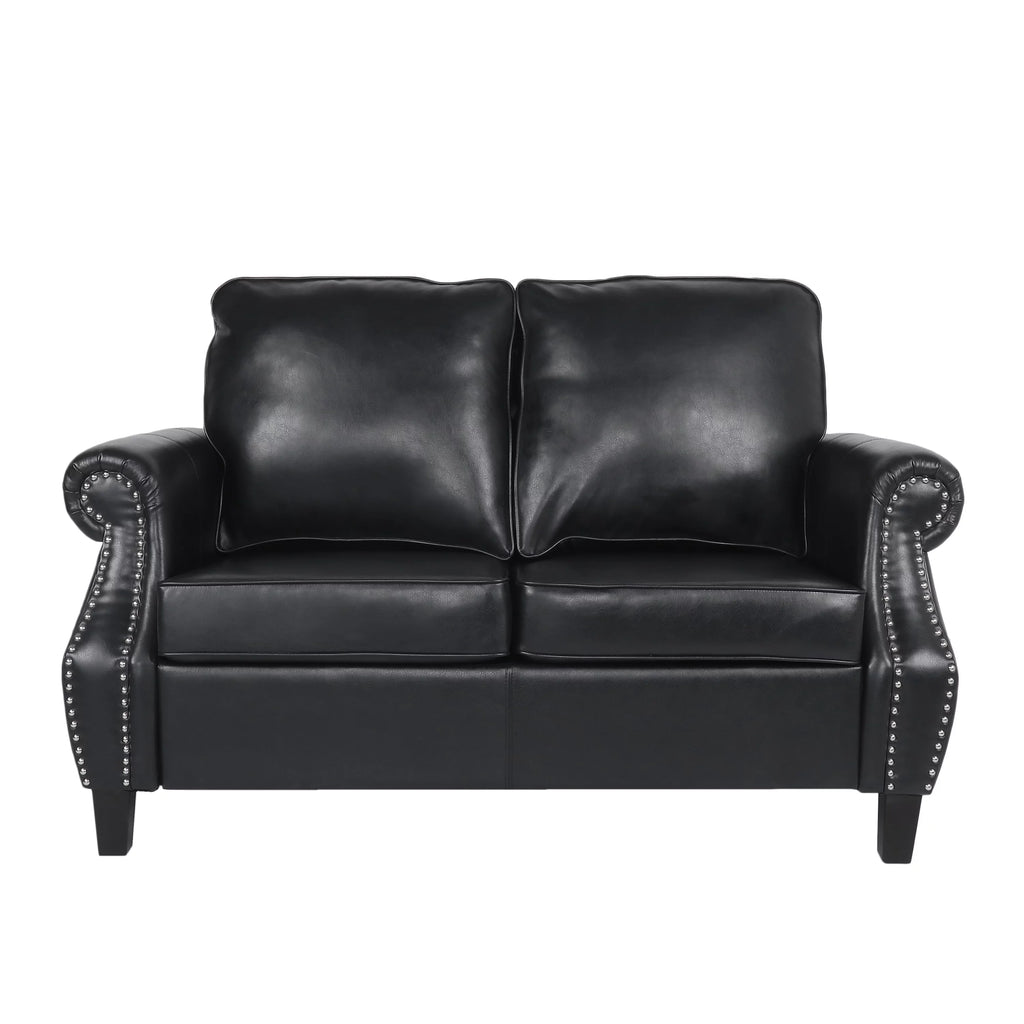 Midnight Black and Dark Brown Faux Leather Loveseat with Nailhead Trim N698599