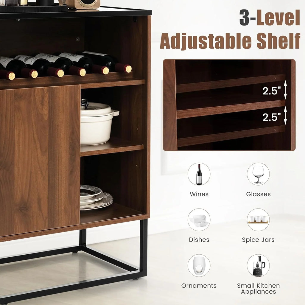 Wine Cabinet Sideboard Buffet Cabinet with Tempered Glass Top Sliding Door Freestanding Wine Rack Table P13424