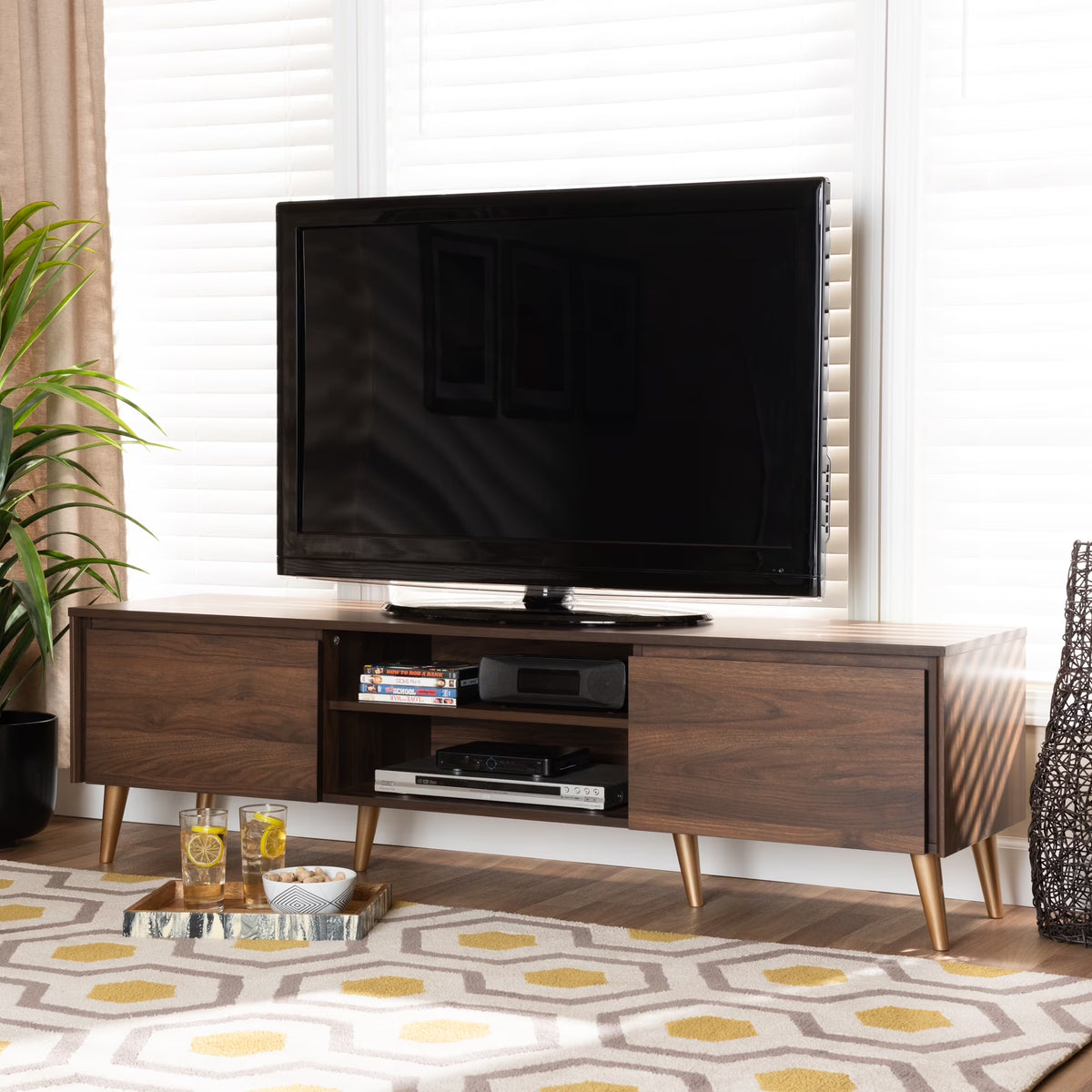 Walnut Brown and Gold Finished Wood TV Stand T93797