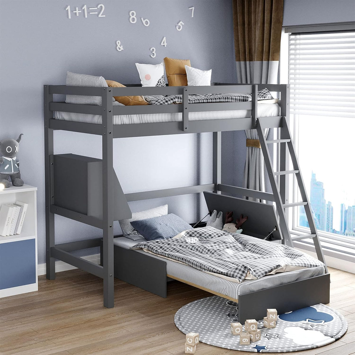 Espresso Wood Twin Loft Bed with Desk and Storage Drawers, Cabinet, Shelves O372