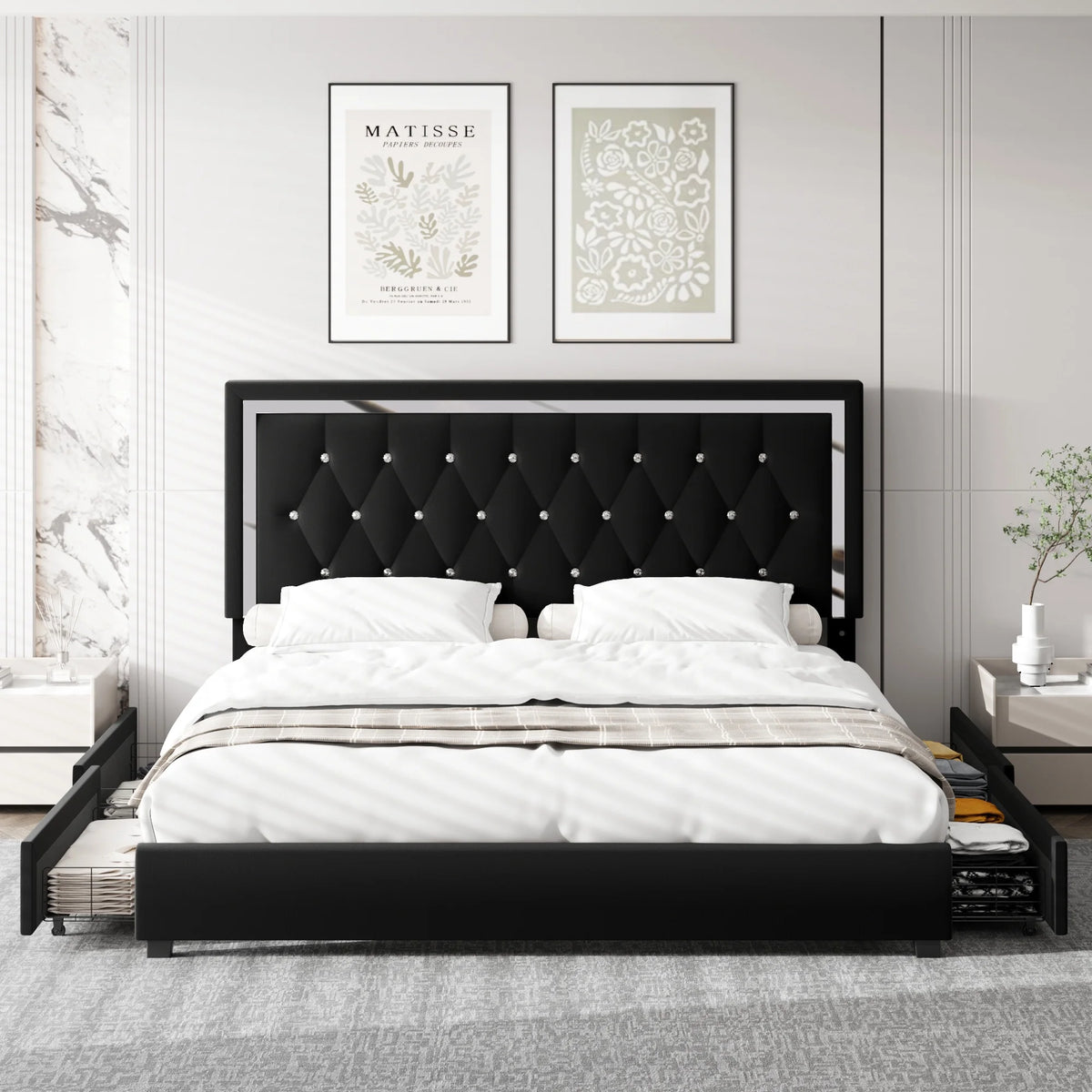 King Size Storage Bed with 4 Drawers, Black Upholstered Platform Bed Frame with Adjustable Headboard Z2827