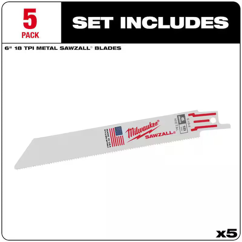 6 in. 18 TPI Metal Cutting Reciprocating Saw Blades (5-Pack) I8632