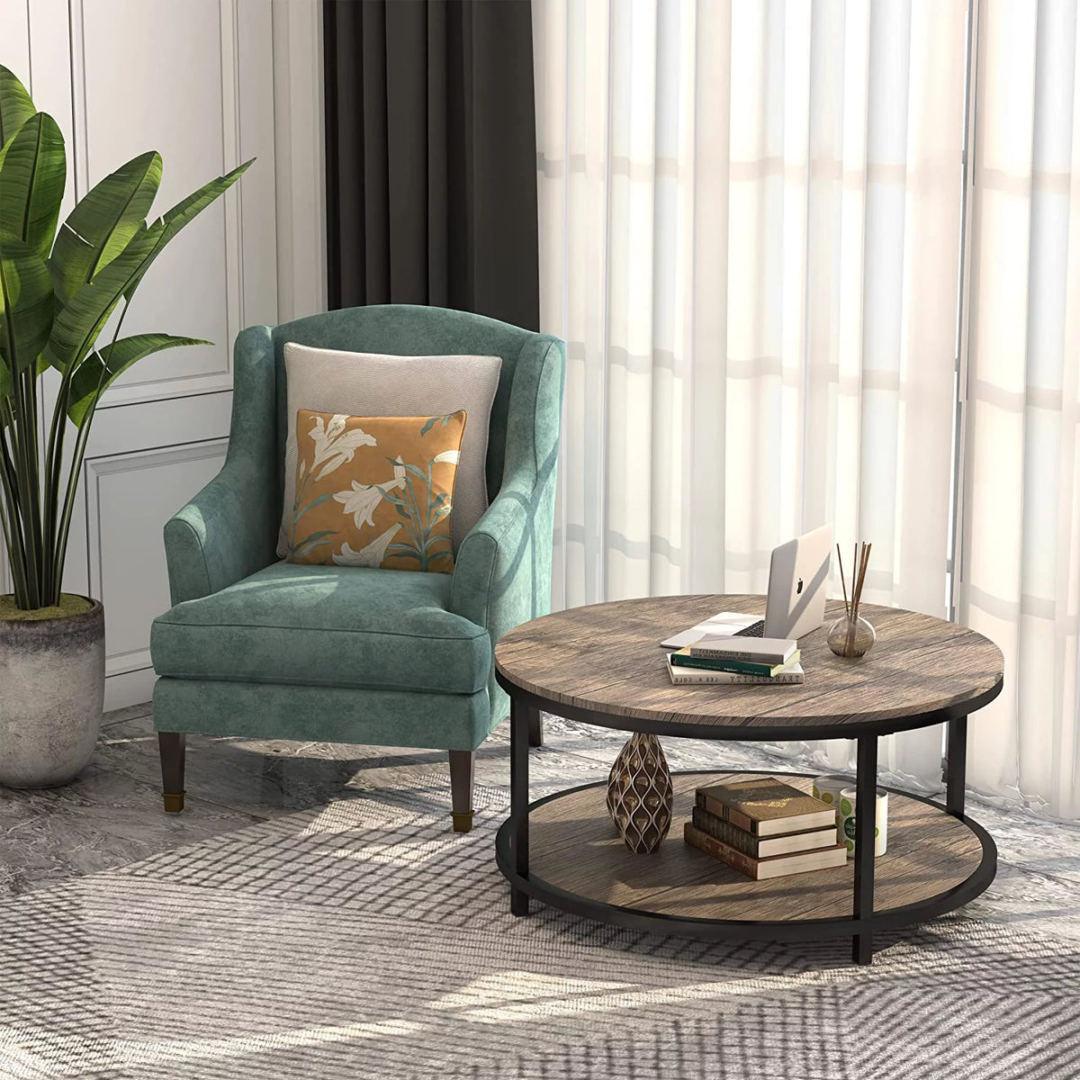 35.8" Round Coffee Table with Storage Open Shelf Y552307