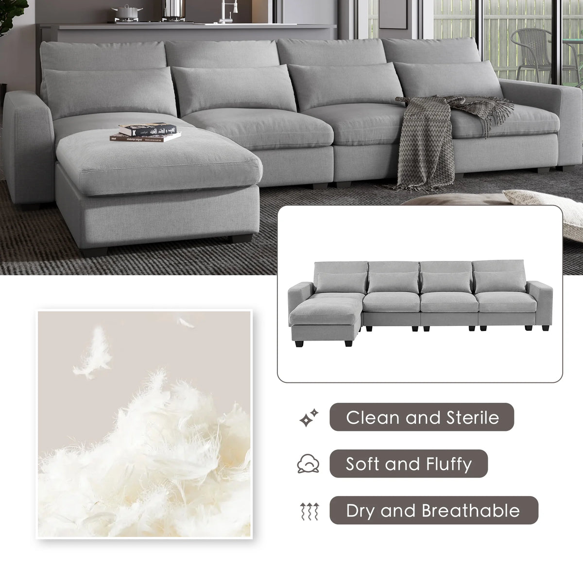 Light Gray L-Shape Feather Filled Sectional Sofa H708