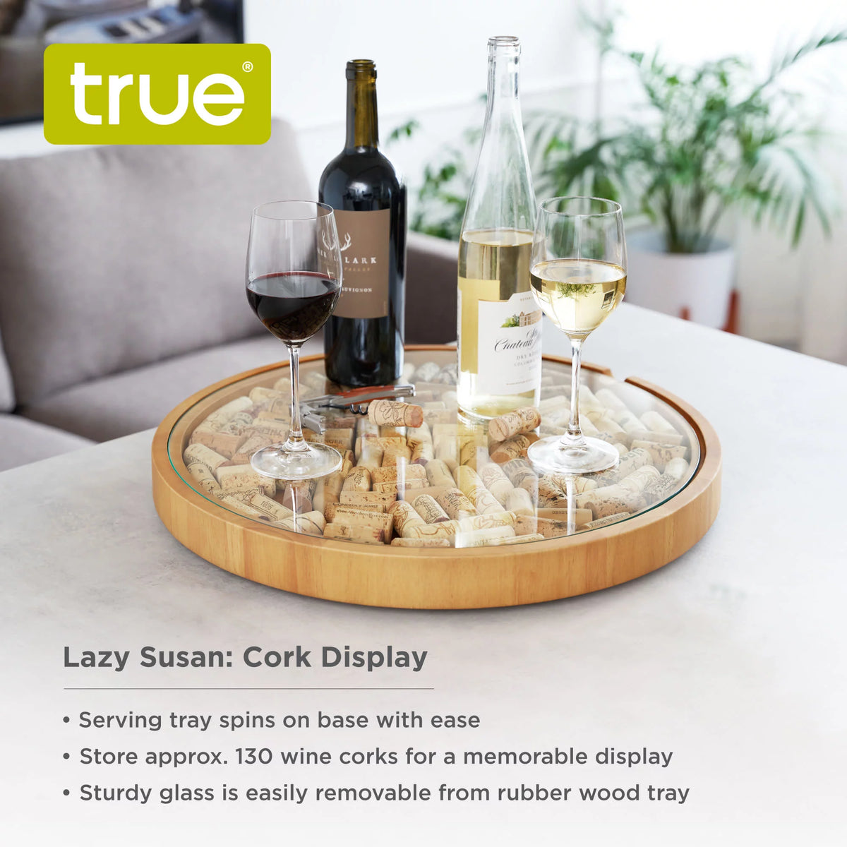 Wine Cork Collector Lazy Susan Turntable, Wooden and Glass Storage for 130 Corks Z575