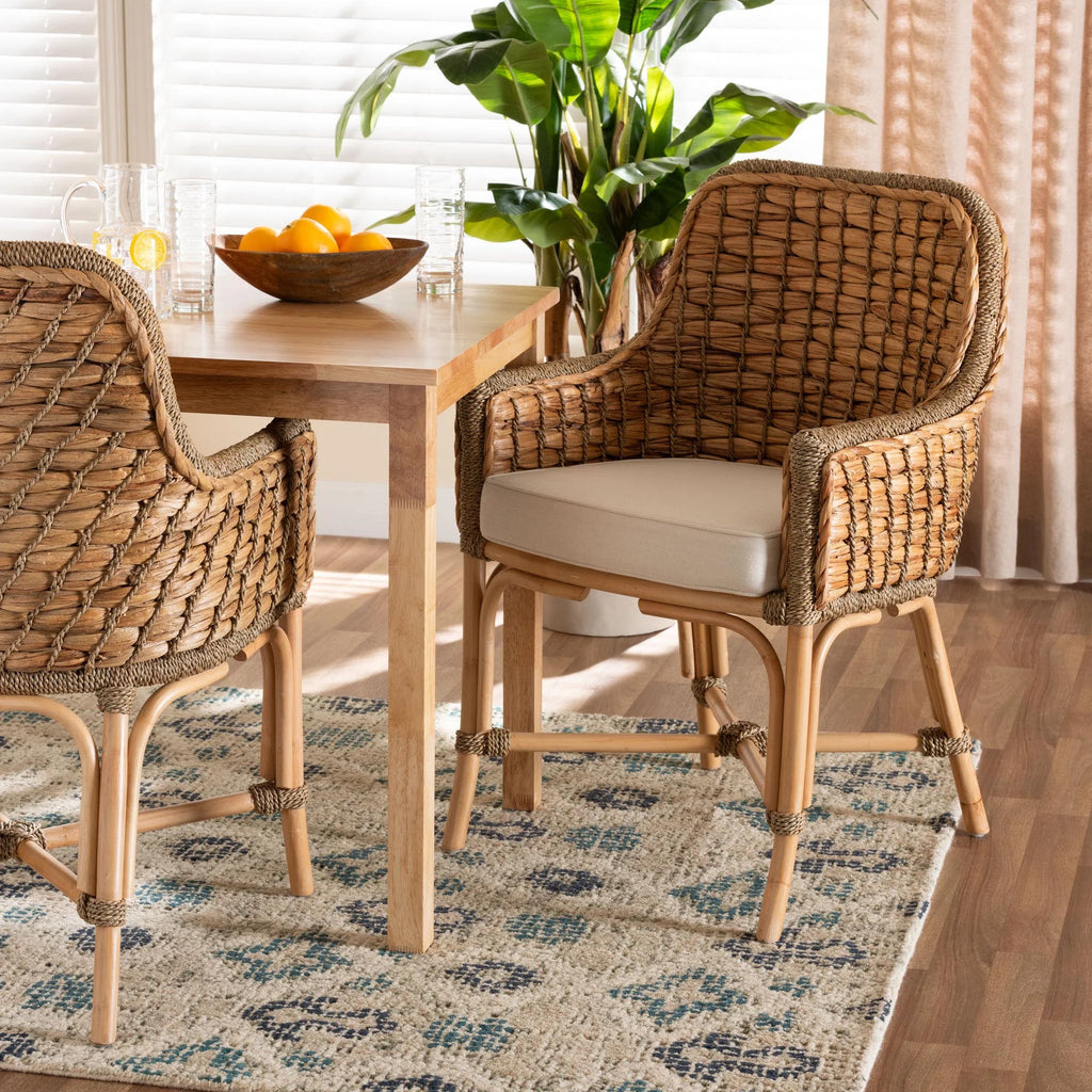 Natural Brown Woven Rattan Dining Arm Chair with Cushion E930446