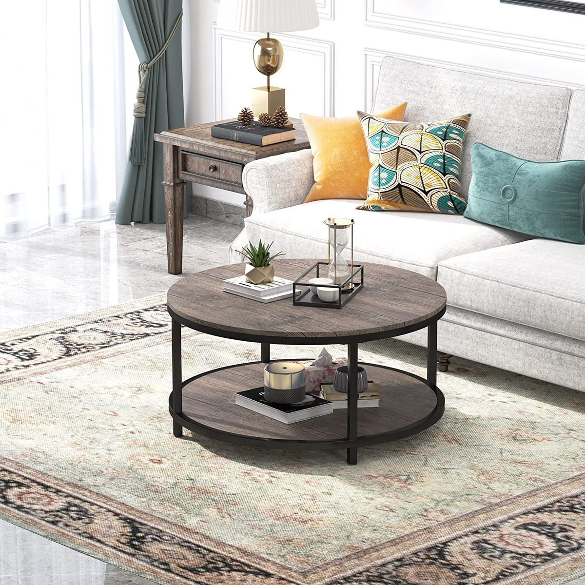 35.8" Round Coffee Table with Storage Open Shelf Y552307