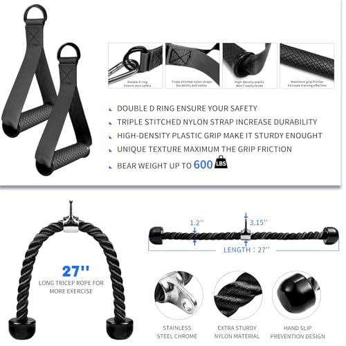 Cable Machine Attachment Set with Tricep Rope, V Bar, Double D Handle, Ankle & Wrist Straps L214512