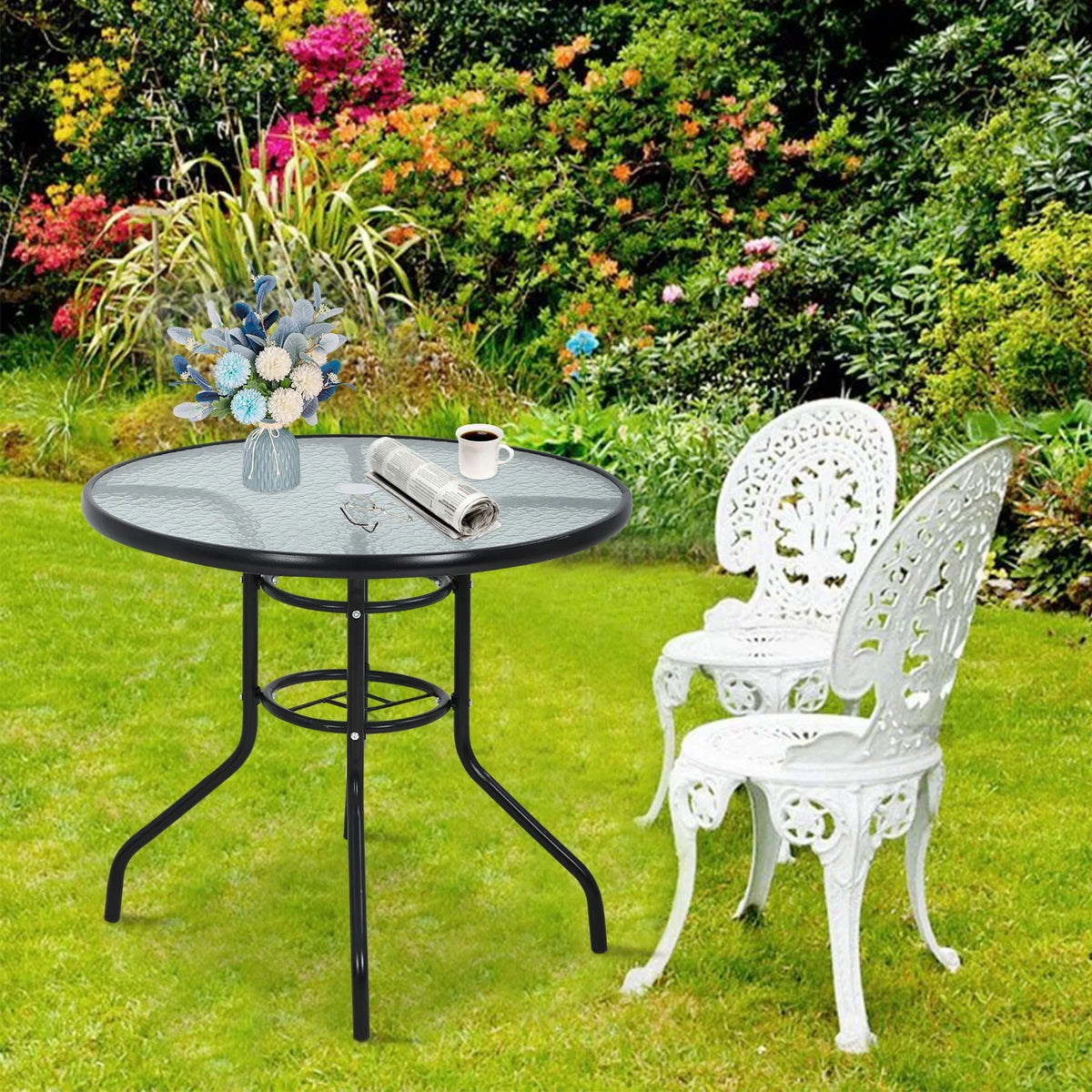 32" Round Glass Patio Table with Umbrella Hole B830