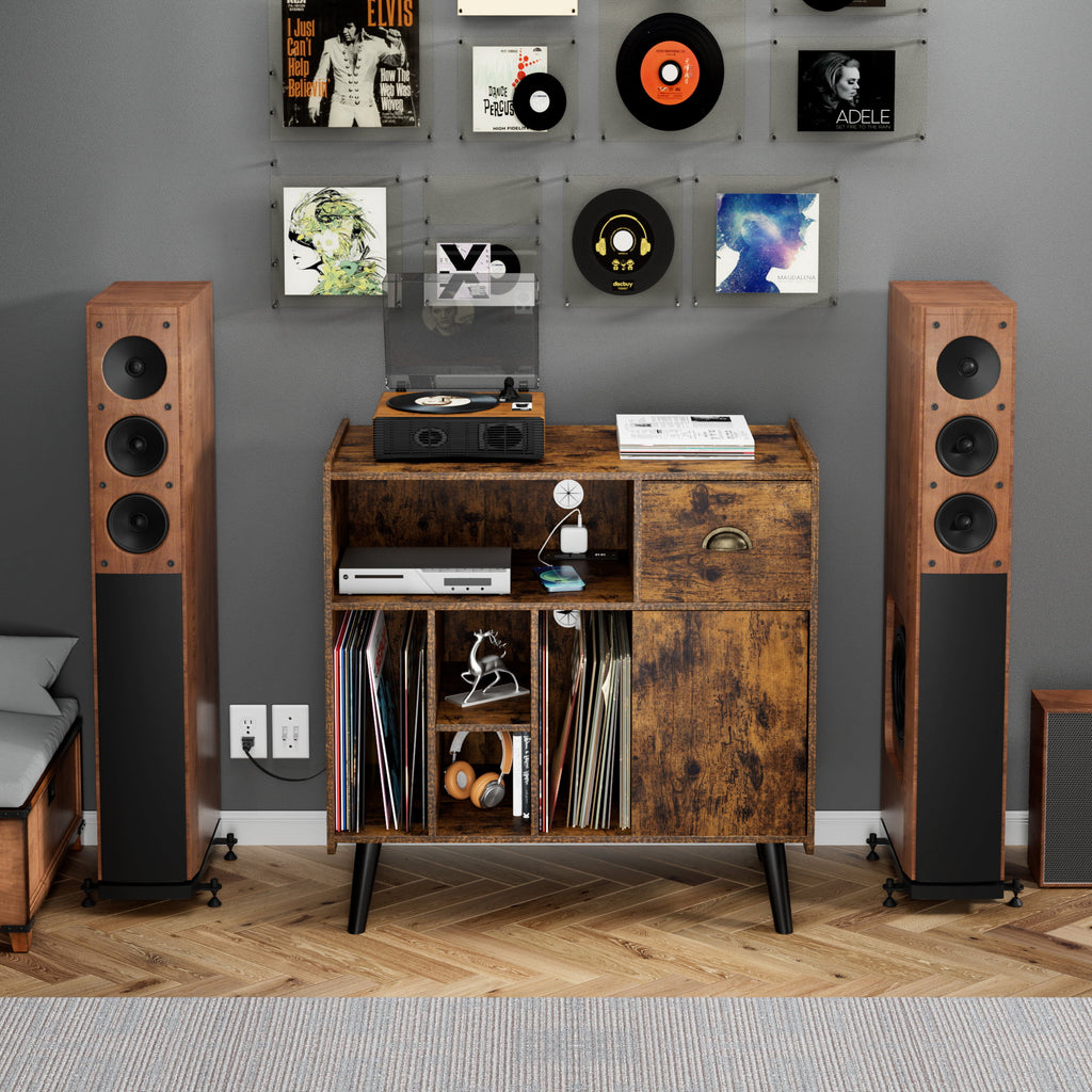 Record Player Stand with Vinyl Storage and Charging Station T5147