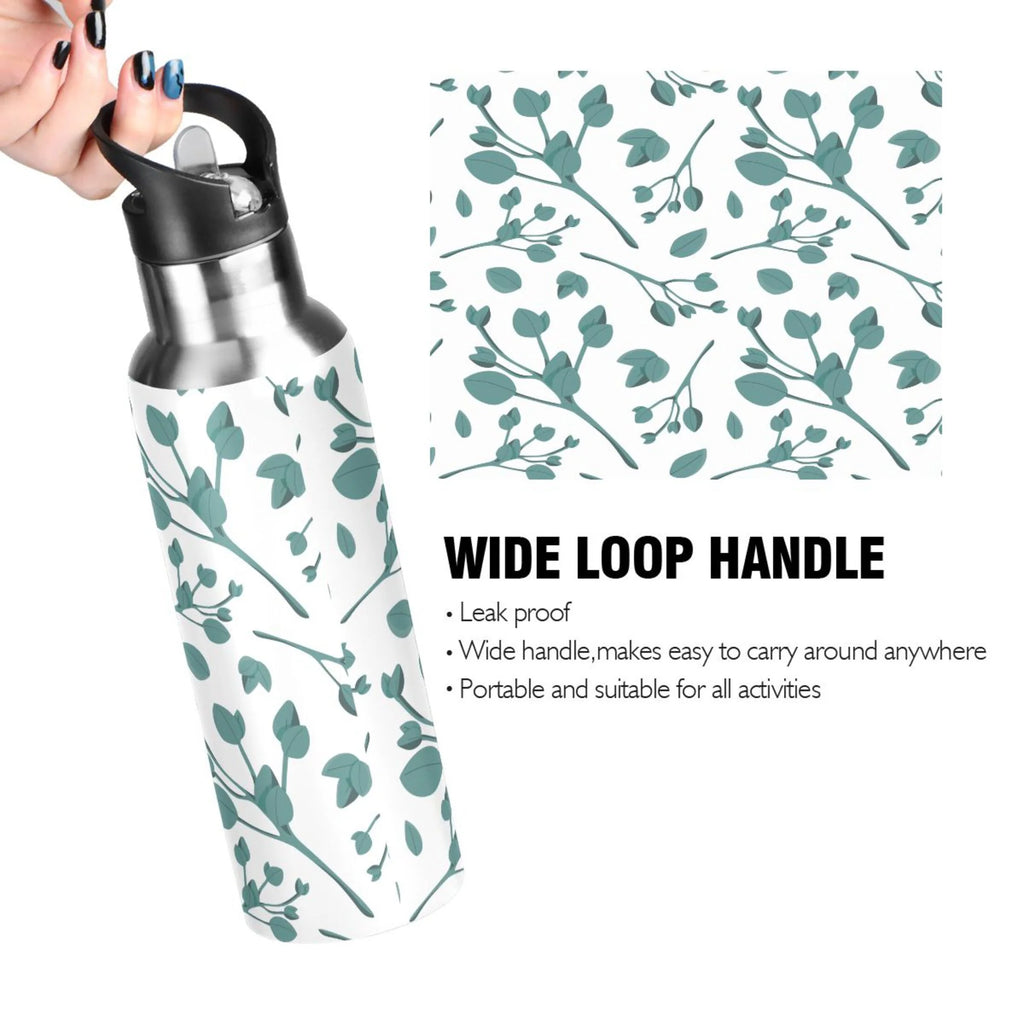 Blue Leaves Stainless Steel Insulated Water Bottle with Straw Lid W4107