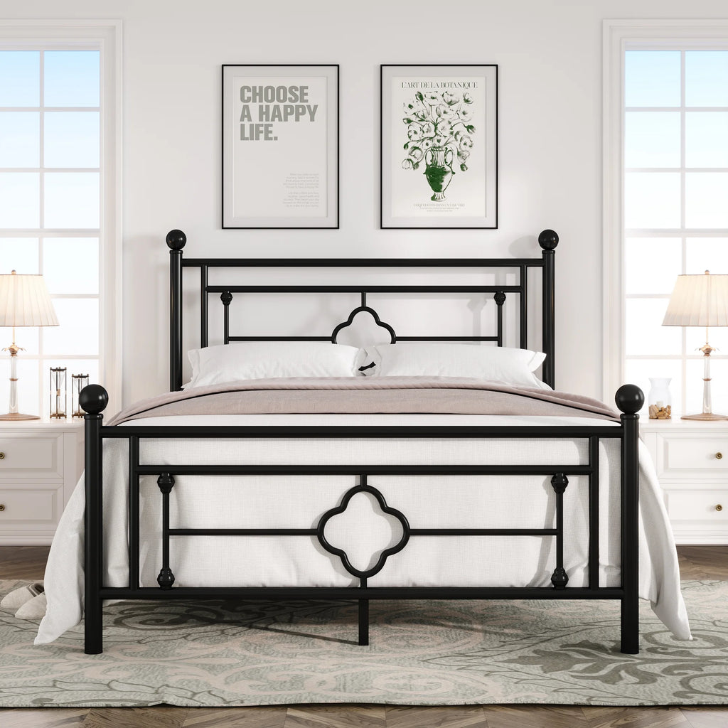 Queen Size Black Metal Bed with Vintage Headboard G830