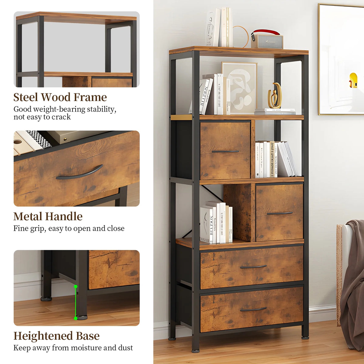 5 Tier Book Shelf with 4 Drawers, Rustic Oak Shelves & Metal Frame V7445