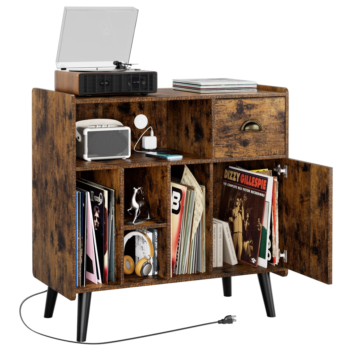 Record Player Stand with Vinyl Storage and Charging Station T5147