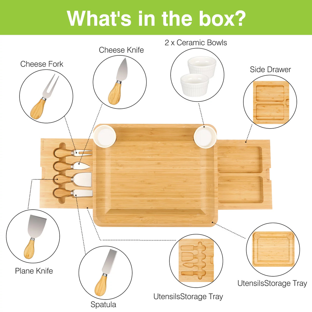 Bamboo Cheese Board Set with Knife Set and 2 Ceramic Bowls V6669
