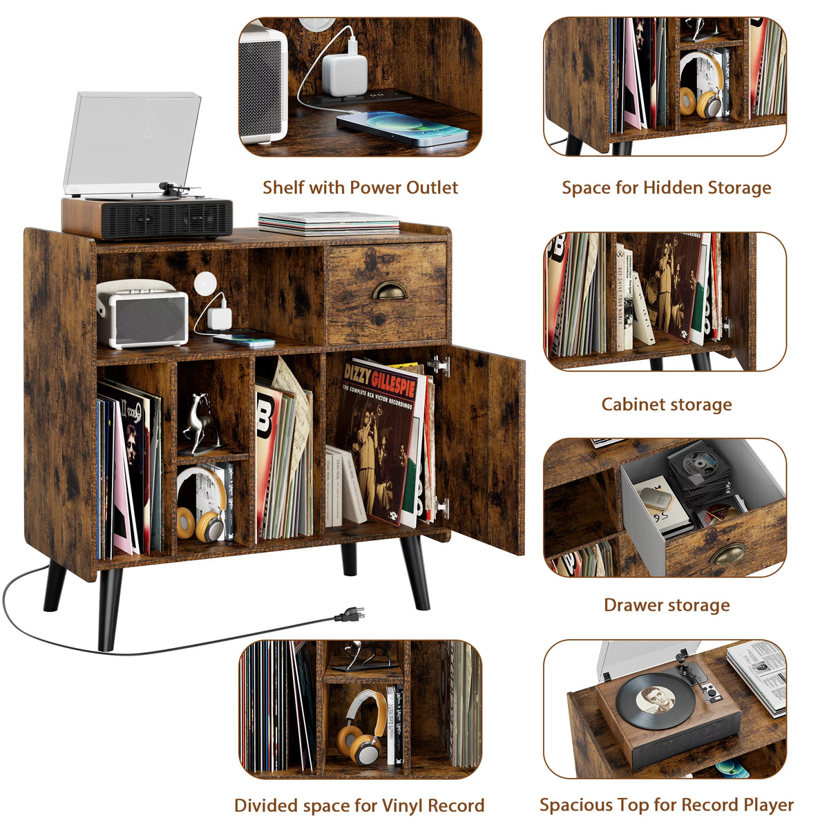 Record Player Stand with Vinyl Storage and Charging Station T5147