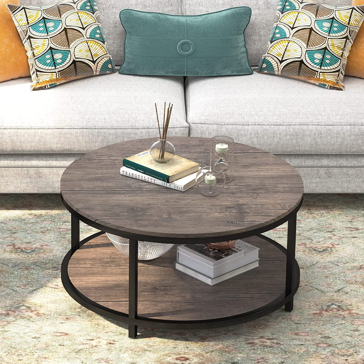 35.8" Round Coffee Table with Storage Open Shelf Y552307