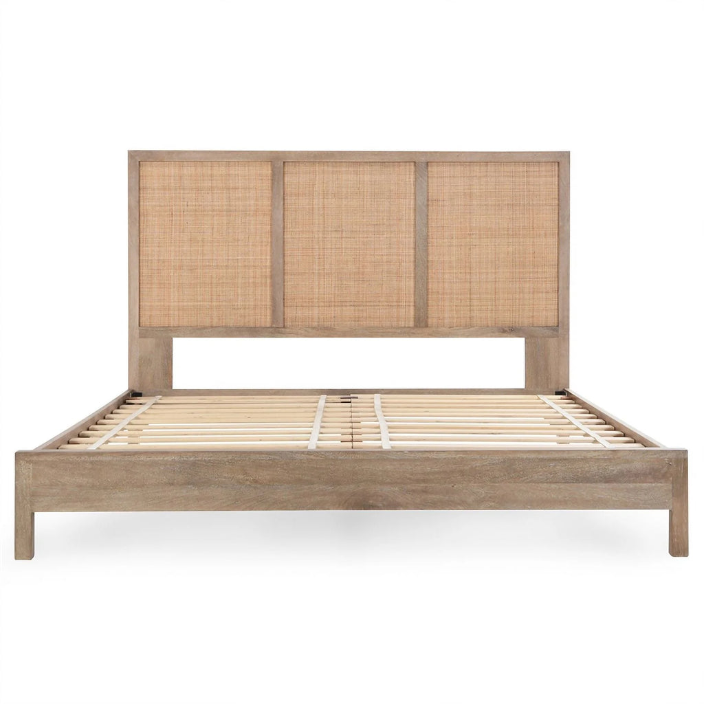 Queen Bed Open Weave Caning Solid Mango Wood Taupe O6996