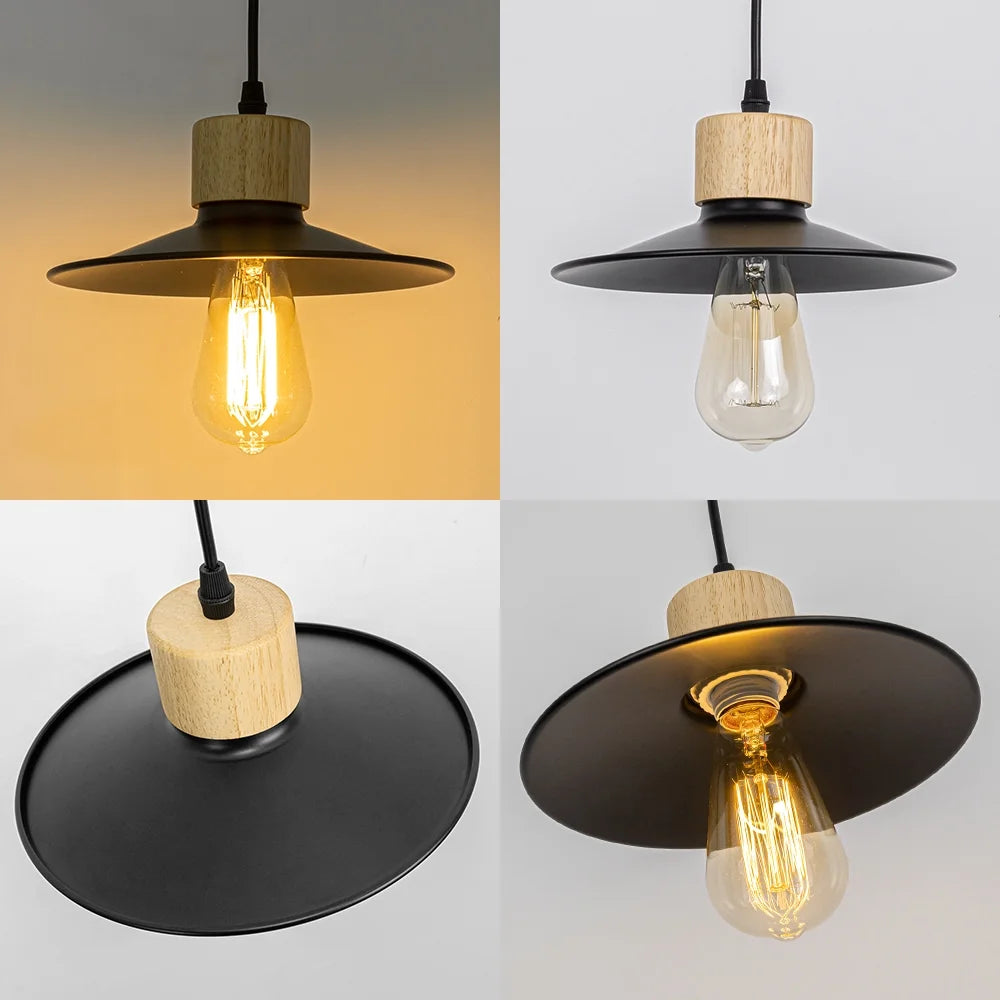 Wood Base Black Metal Shade Track Pendant Light M9240